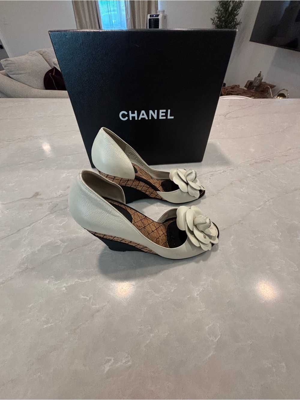 CHANEL Ivory Leather Camellia Peep-Toe Heels - Picture 2 of 5